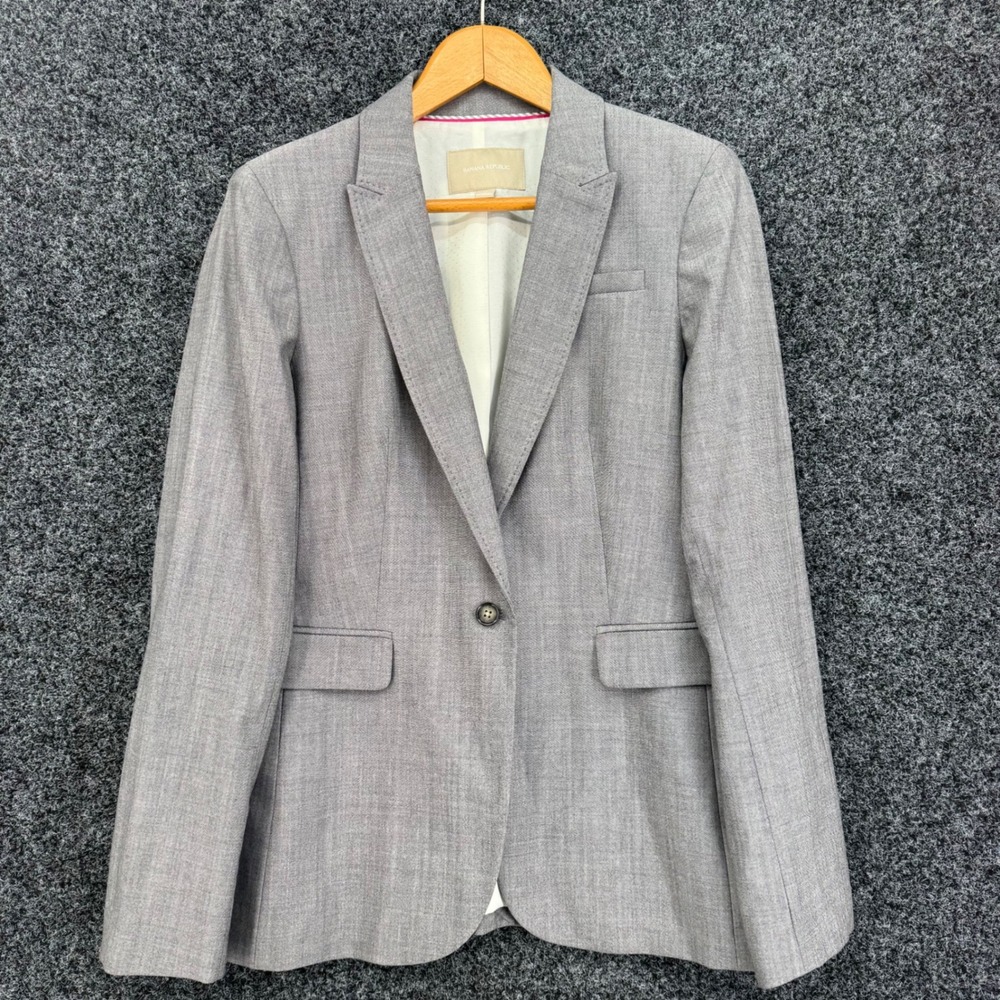 Banana Republic Womens 14 Grey Wool Blend Single Button Blazer Jacket Stretch